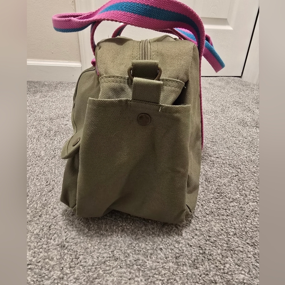 Ralph Lauren Messenger Bag Army Green Canvas Pink Stripes Travel Vacation - Picture 4 of 13
